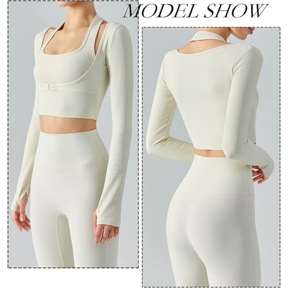 NEW Crop Top Workout Top Stretch Cutout Long Sleeve with Thumbholes - Picture 11 of 11